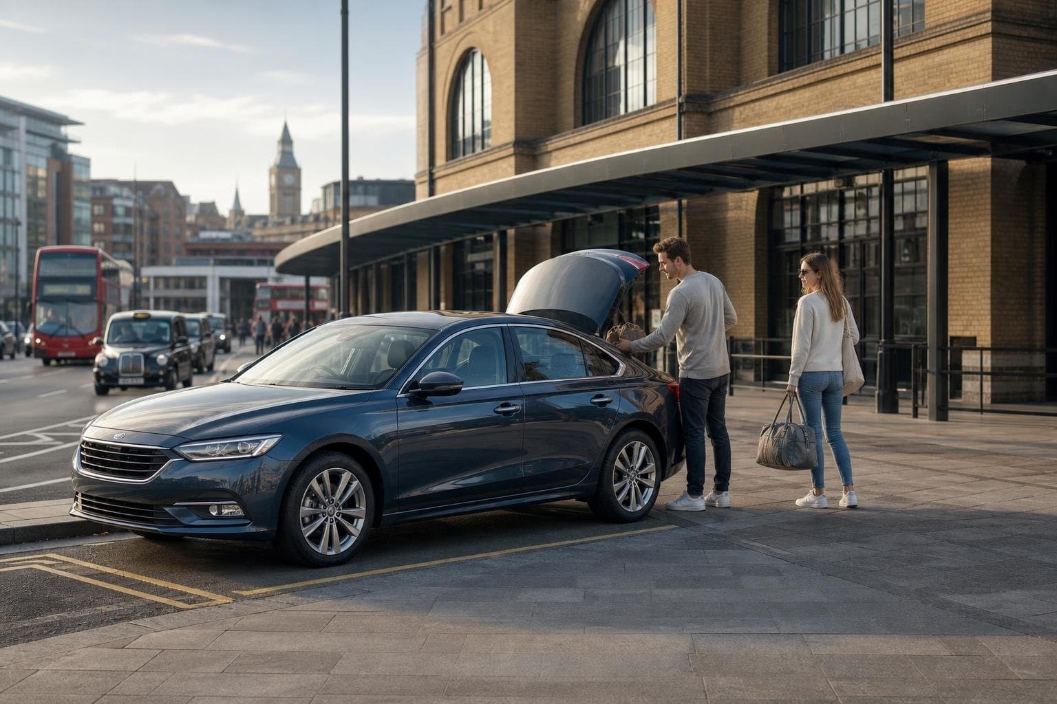 Midsize hire car at a station approach for a London journey