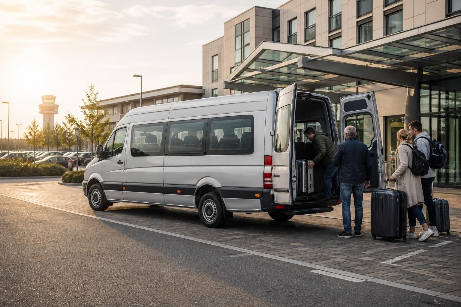 Self-drive minibus prepared for a group trip with luggage near a travel hub