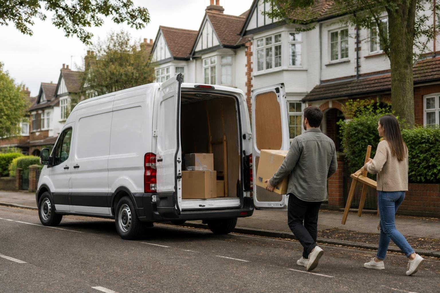 Self-drive hire van parked on a suburban street for a home move in Barnet