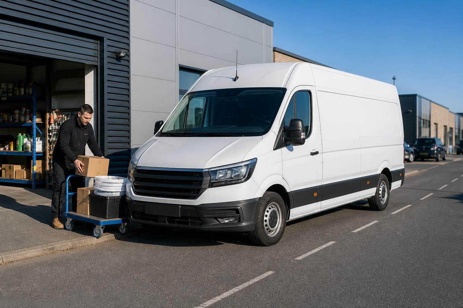Long wheelbase hire van at a business park for trade deliveries in Finchley